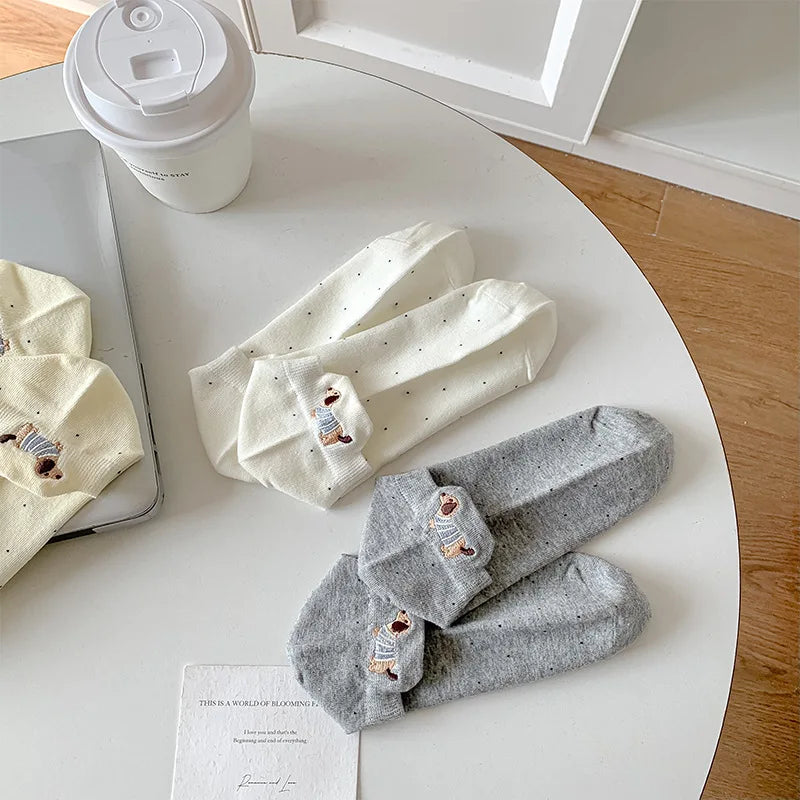 Spring Summer Thin Women Short Socks Polka Dots Cute Cartoon Sausage Dog Embroidery Boat Socks Pure Cotton Short Trendy Socks - Ice Cream Cake