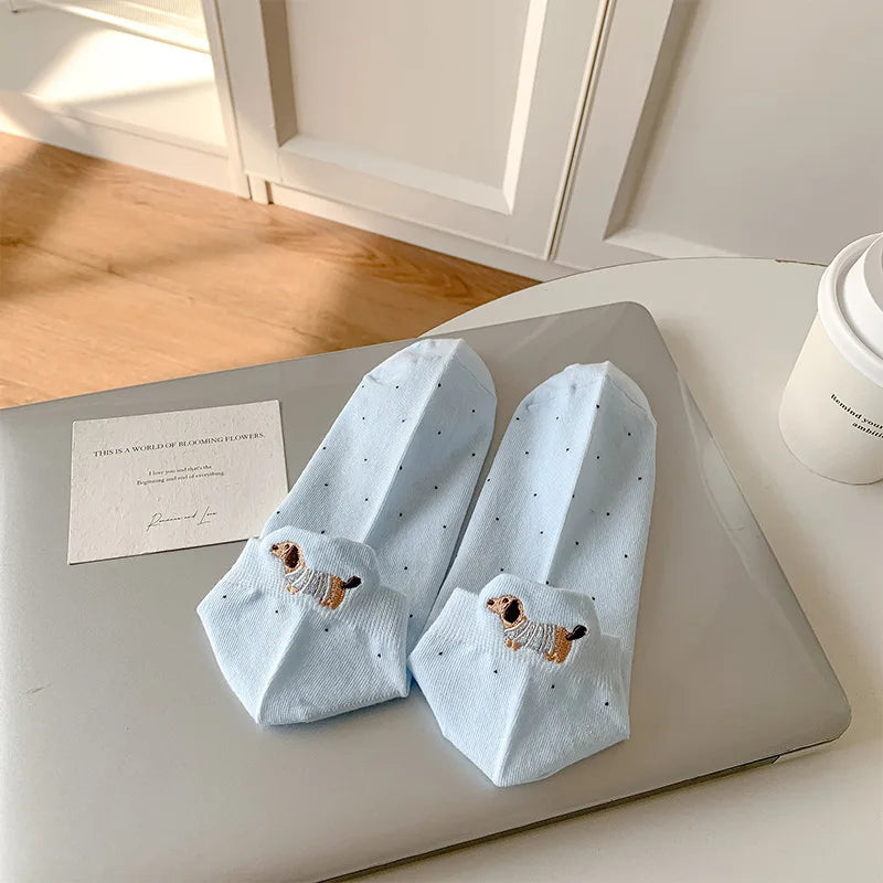 Spring Summer Thin Women Short Socks Polka Dots Cute Cartoon Sausage Dog Embroidery Boat Socks Pure Cotton Short Trendy Socks - Ice Cream Cake