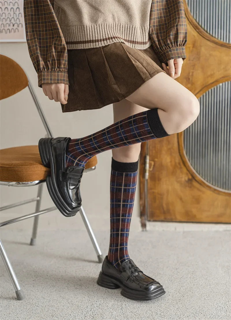Plaid Long Socks Stocking Women Stockings Harajuku Retro Vintage JK School Girls Cotton Knee Socks Women Stockings College Style - Ice Cream Cake