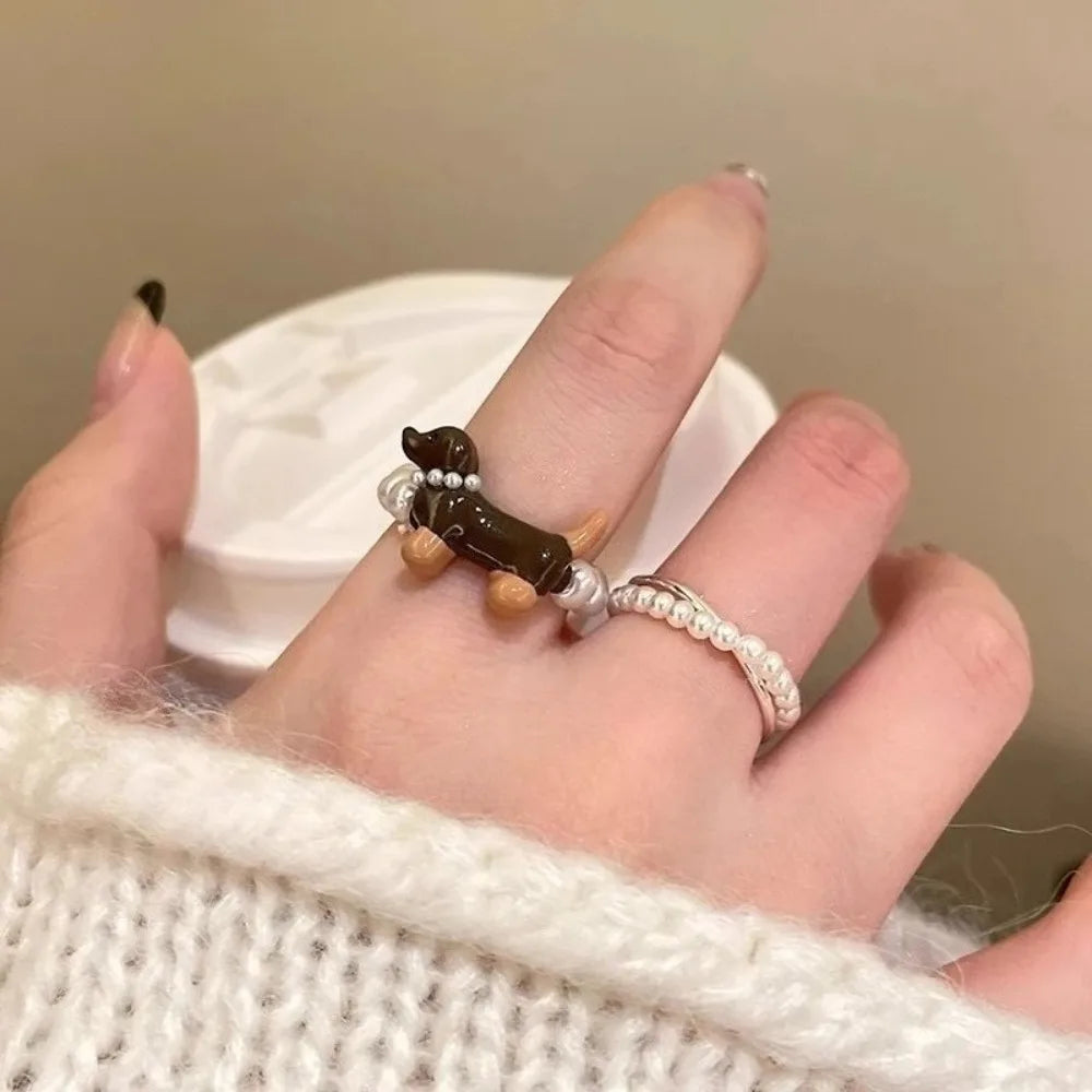 Sausage Dog Faux Pearl Charm Ring