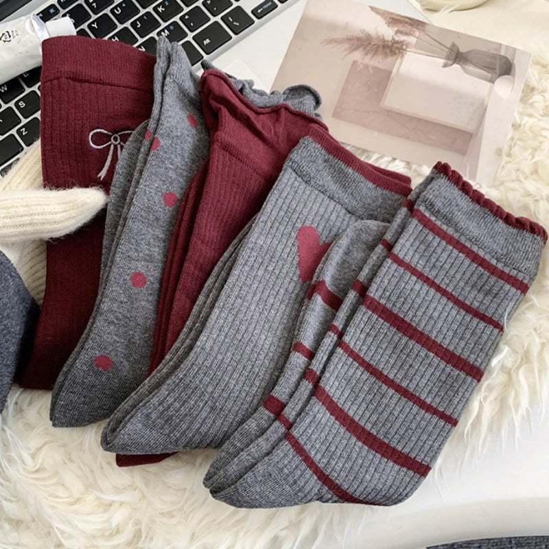 1/5pairs Cotton Ruffles Ankle Socks Women Retro Cute Kawaii Korean Stocking Girls  2024 Autumn and Winter Red Middle Tube Sox - Ice Cream Cake
