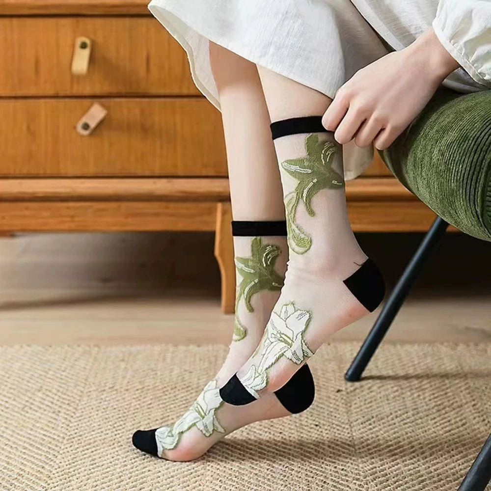 Transparent Floral Crew Socks