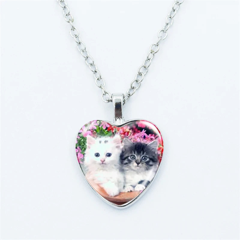 Heart Shaped Kitschy Kitty Cat Pendant Necklace