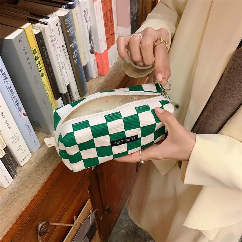 Korean Fashion Plaid Travel Makeup Kits Cosmetic Storage Bag Women Handbags Wallet Organizer Cute School Pencil Cases Pouch Bags - Ice Cream Cake