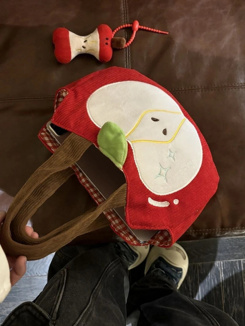 Red Apple Handbag Creative Cute Corduroy Shoulder Bag Stylish Outing Canvas Bag With Apple Pendant Casual Versatile Shoulder Bag - Ice Cream Cake
