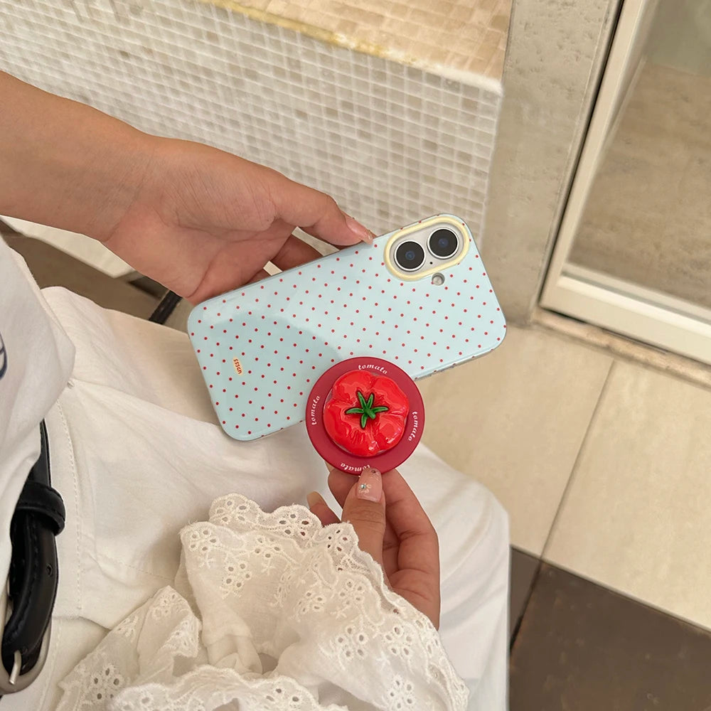 3D Polka Dot Cute Tomato Magnetic Grip Tok Phone Stand Holder Phone Case for iPhone 16 15 13 17 Pro Max For Magsafe Back Cover - Ice Cream Cake