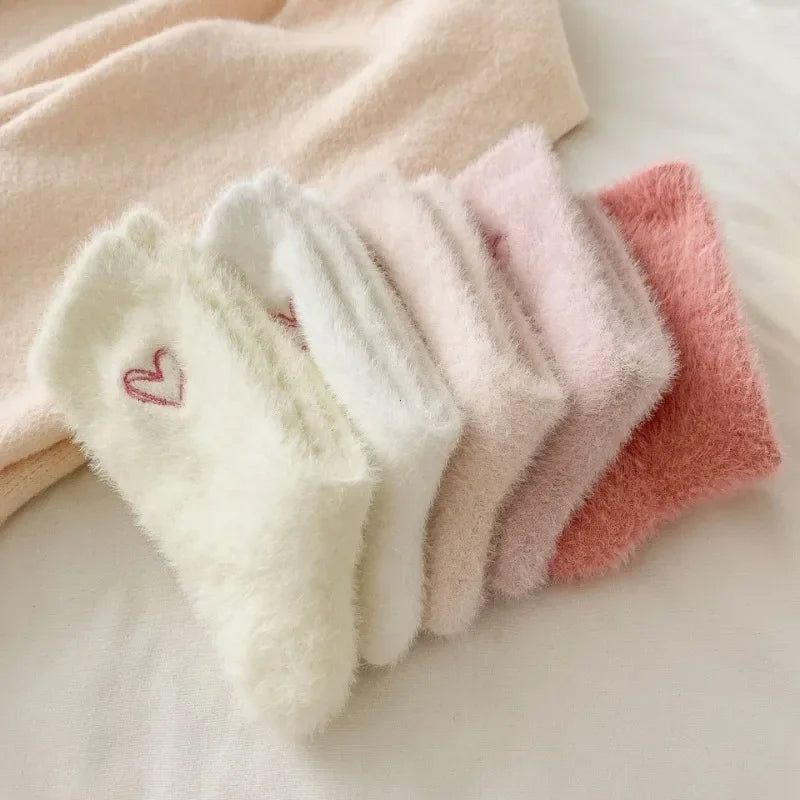 Fuzzy Heart Embroidery Crew Socks