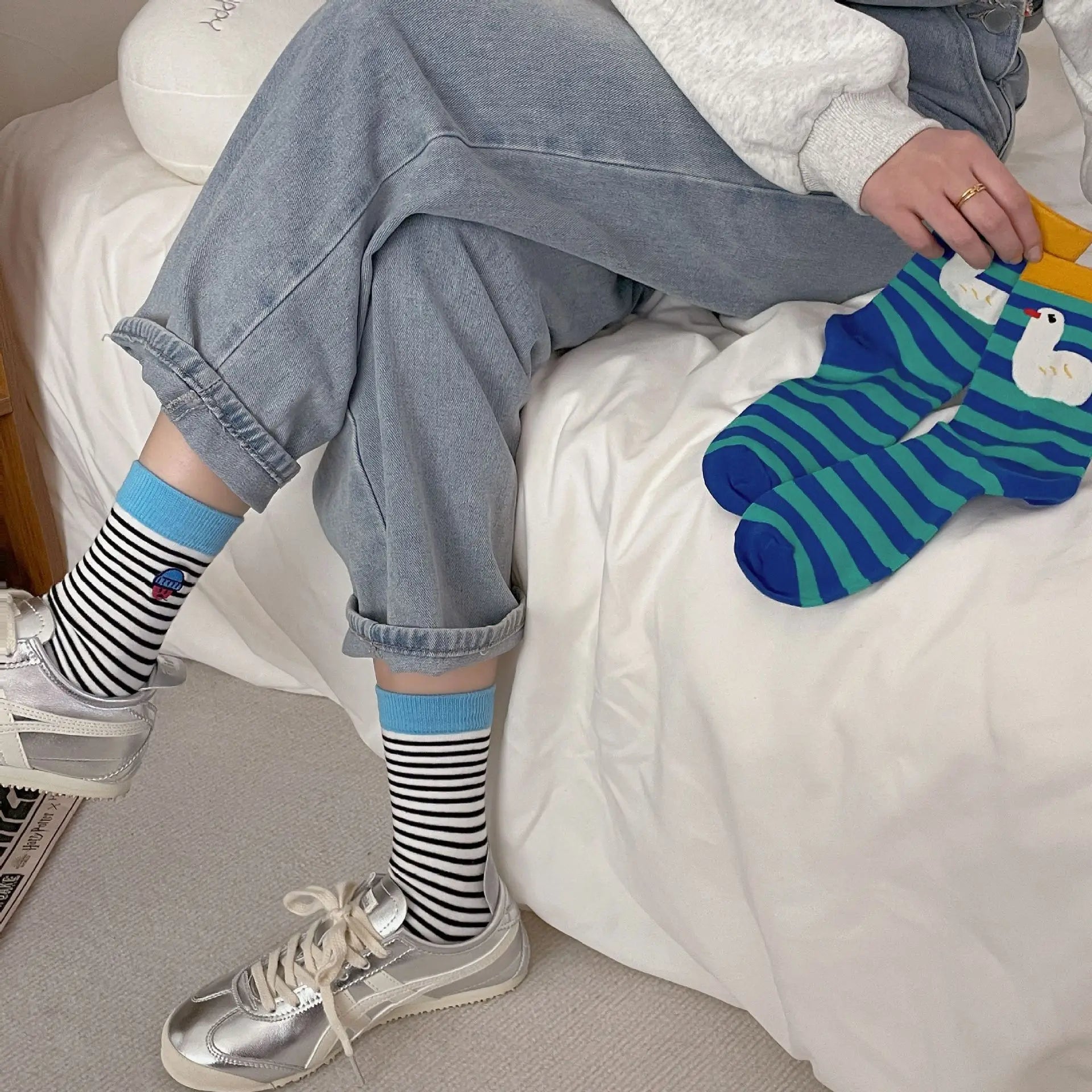 Happy Stripe Character Crew Socks - Ice Cream Cake