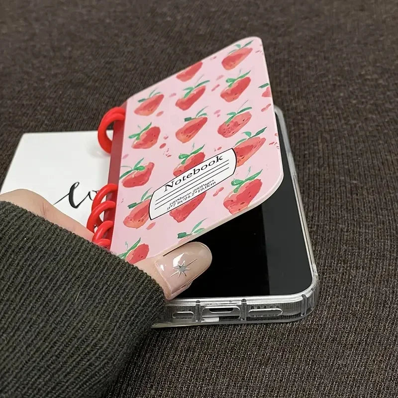 Cute Strawberry Fruit Flip Phone Case For iPhone 17 Air 16 15 14 13 12 11 Pro Max Plus Coil Notebook Shape Shockproof Cover - Ice Cream Cake