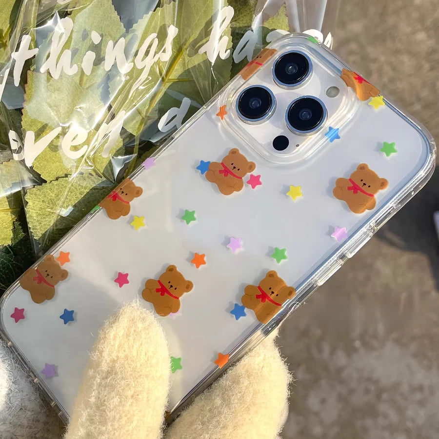 Korean Ins Star Bear Print Phone Case For iPhone 17A 16 15 14 13 12 11 Pro Max 16 15  8 7 Plus 12 Mini XS MAX Anti Drop Cover - Ice Cream Cake
