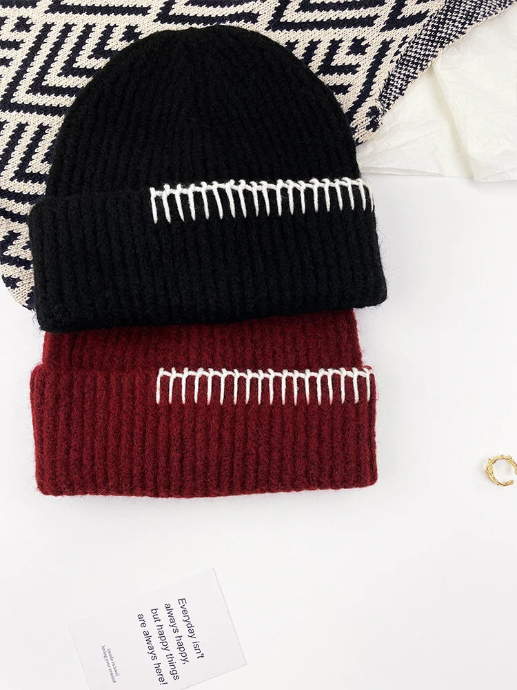 Contrast Border Ribbed Knit Beanie Hat