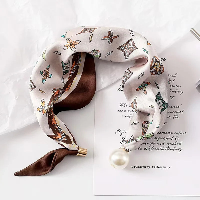 Spring Summer Thin Pearl Silk Scarves Magnetic Buckle Lazy Scarf Women Girls Sweet Elegant Pendant Collarbone Chain Neck Scarf - Ice Cream Cake