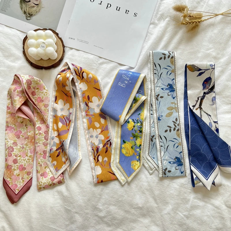 New Long Bag Scarf Women Hair Band Lady Accessories Print Skinny Scarves Headband Satin Ribbon Neck Tie Decorative Bag Scarves - Ice Cream Cake