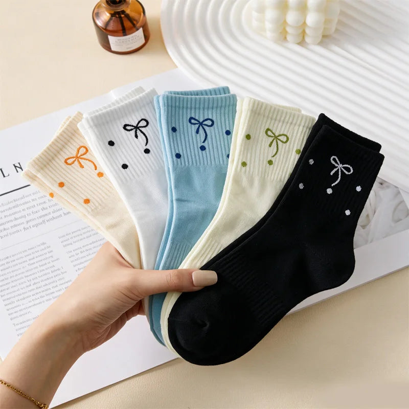 5 pairs Women Cute Polka Dot Bowknot Crew Socks Sweet Kawaii Japanese Style Cotton Mid Calf Socks Girls Casual Breathable - Ice Cream Cake