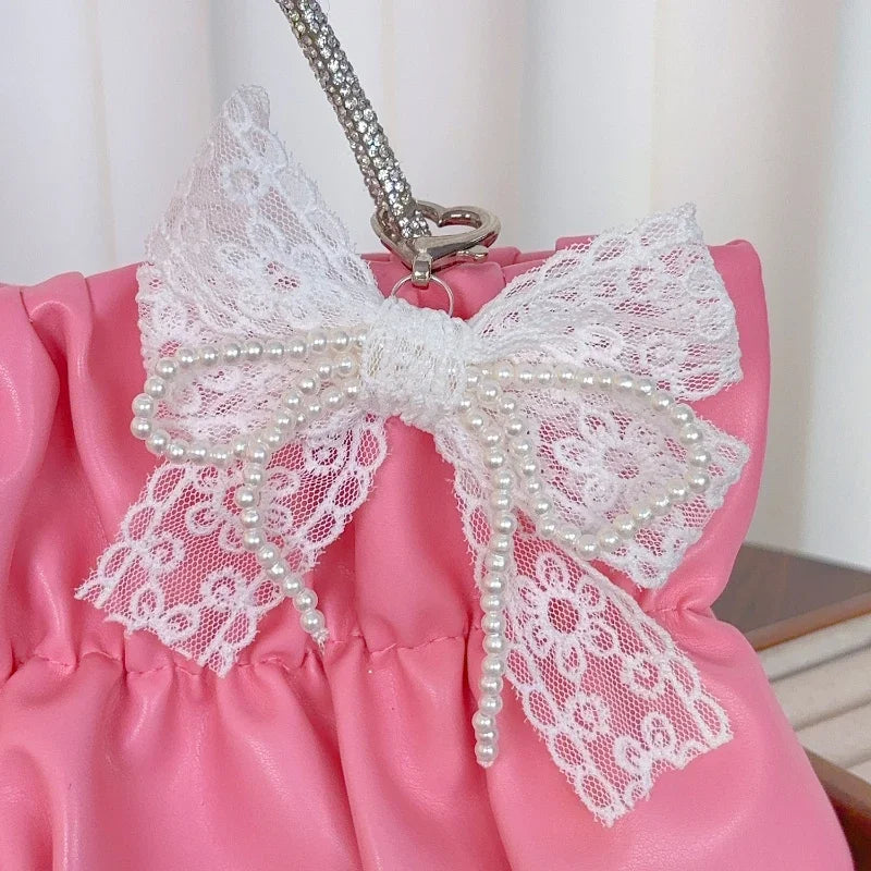 Lace and Faux Pearl Bow Clip-On Keychain Charm