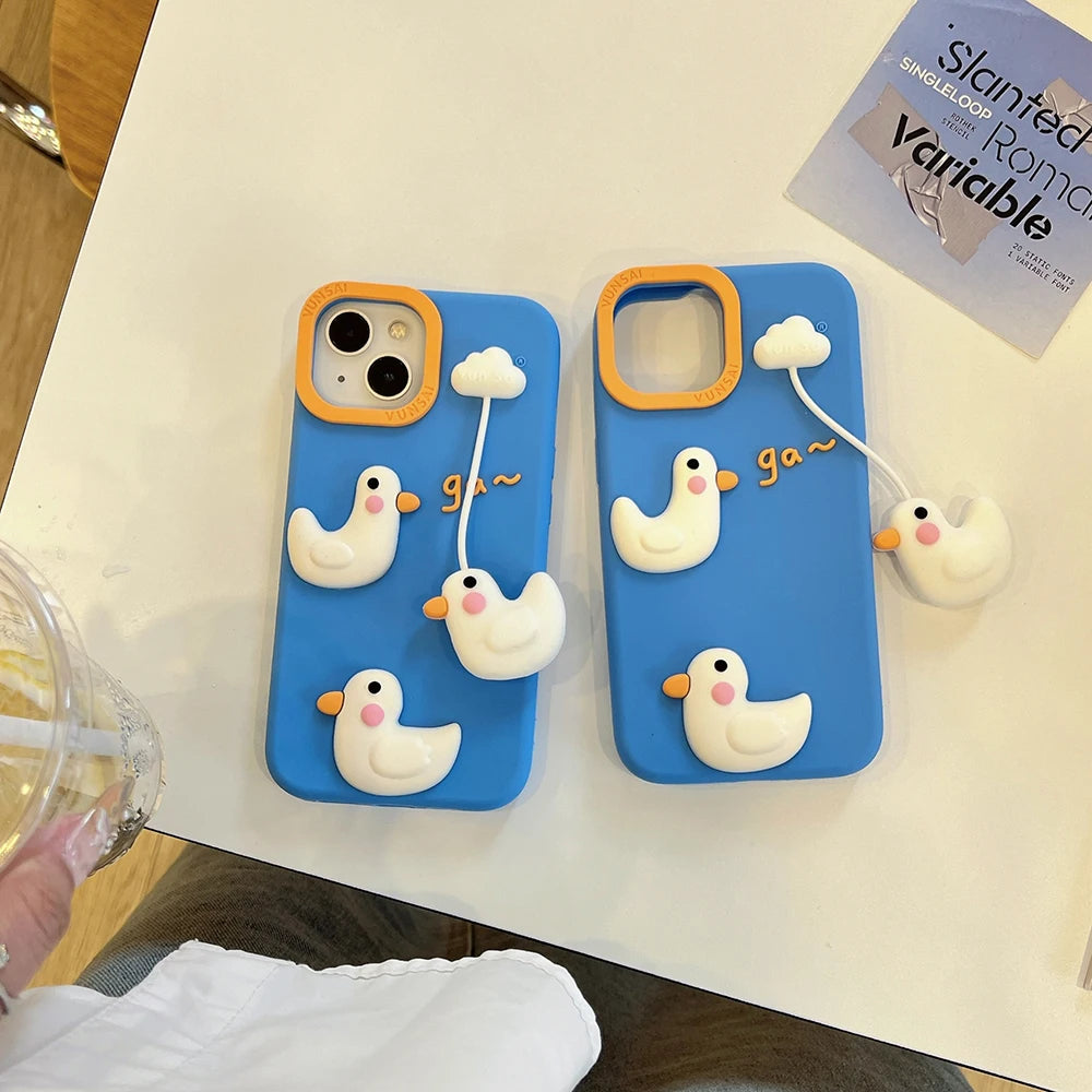 Cute 3D Duck Pendant Shockproof Cover Cartoon Shatter Silicone Soft Phone Case For iPhone 17 16 15 14 13 12 Pro Max - Ice Cream Cake