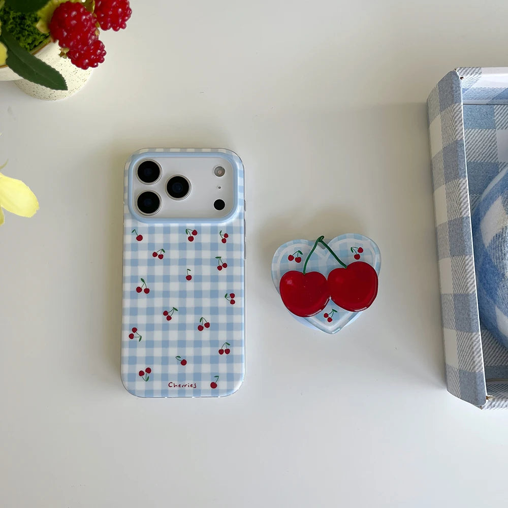 3D Cute Cherry Blue Grid Pattern Magnetic Grip Tok Phone Cases for iPhone 17pro 15 16 pro max Wireless Charge For Magsafe Cover - Ice Cream Cake