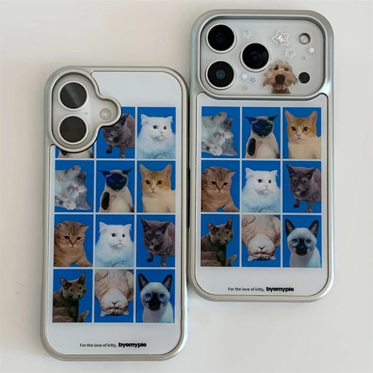Phone cases with cat images and 'bymypie' branding on a light background