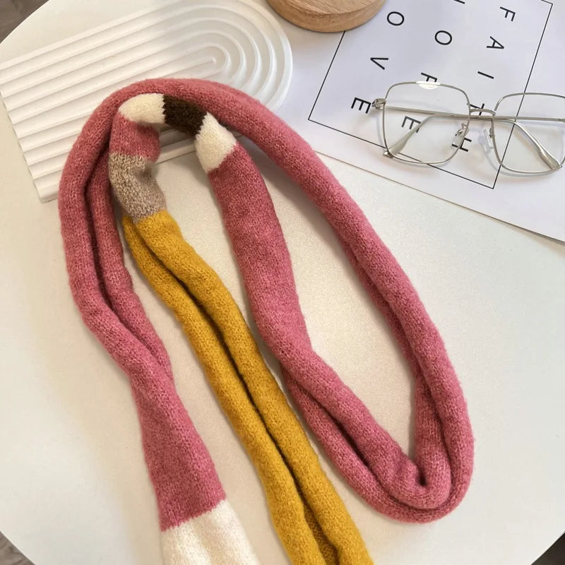 Wool Striped Plush Scarf Women's Niche Design Sense Spice Girl Versatile Decoration Korean Version Thin and Narrow Long Scarf - Ice Cream Cake