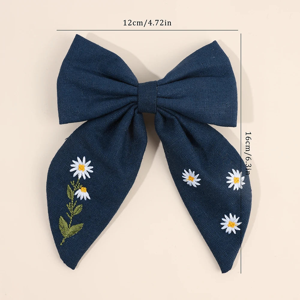 Daisy Embroidery Hair Ribbon Bow Clip