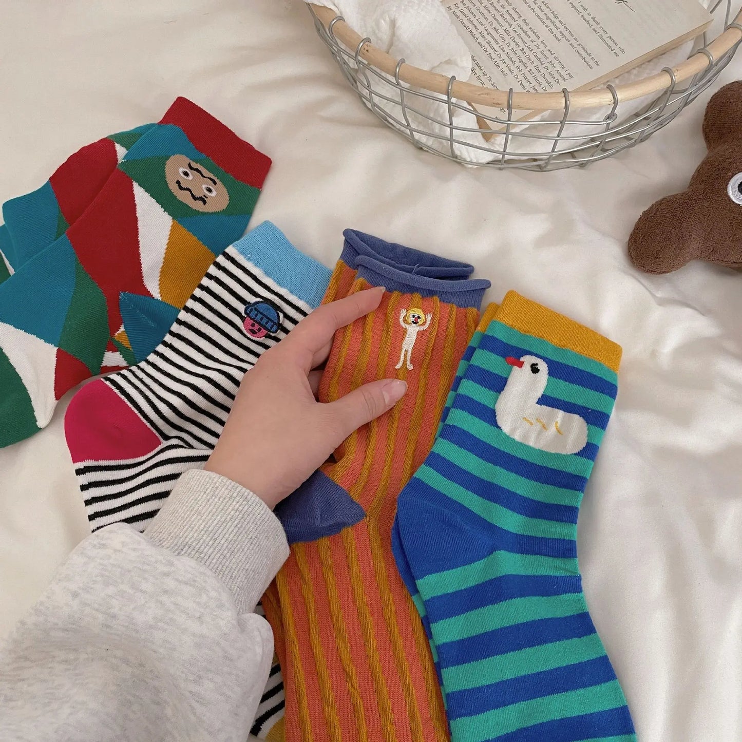 Happy Stripe Character Crew Socks - Ice Cream Cake