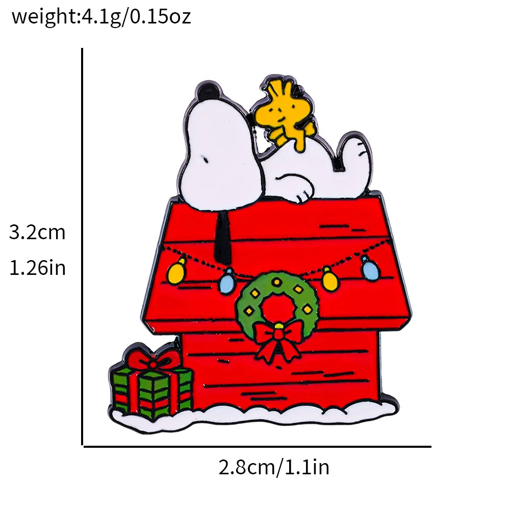 Snoopy and Woodstock on a red doghouse-shaped holiday ornament or pin, shown with dimension labels (3.2 cm by 2.