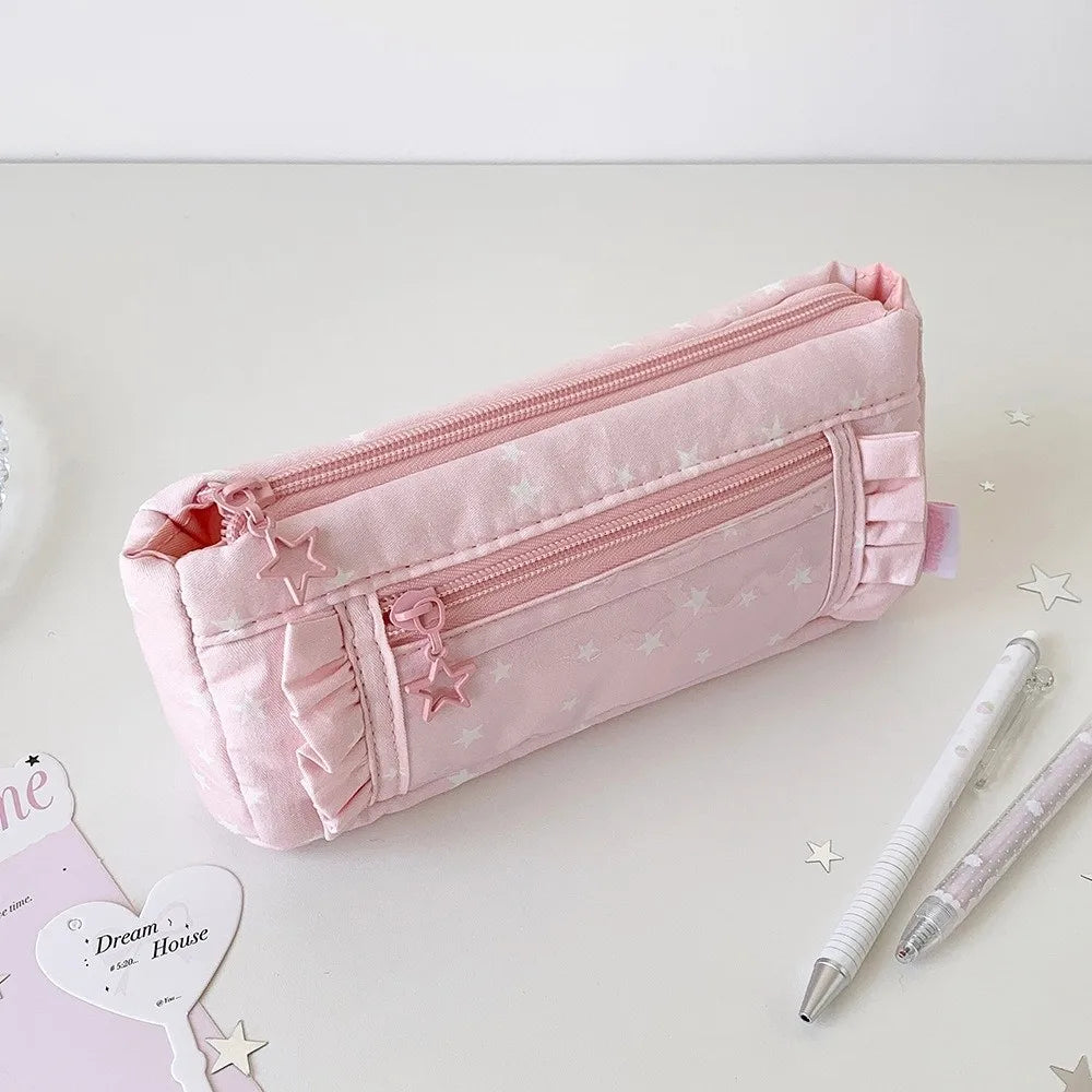 Pastel Puffy Ruffle Star Pattern Pencil Case