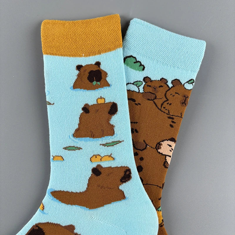 Mismatched Bathing Capybara Crew Socks