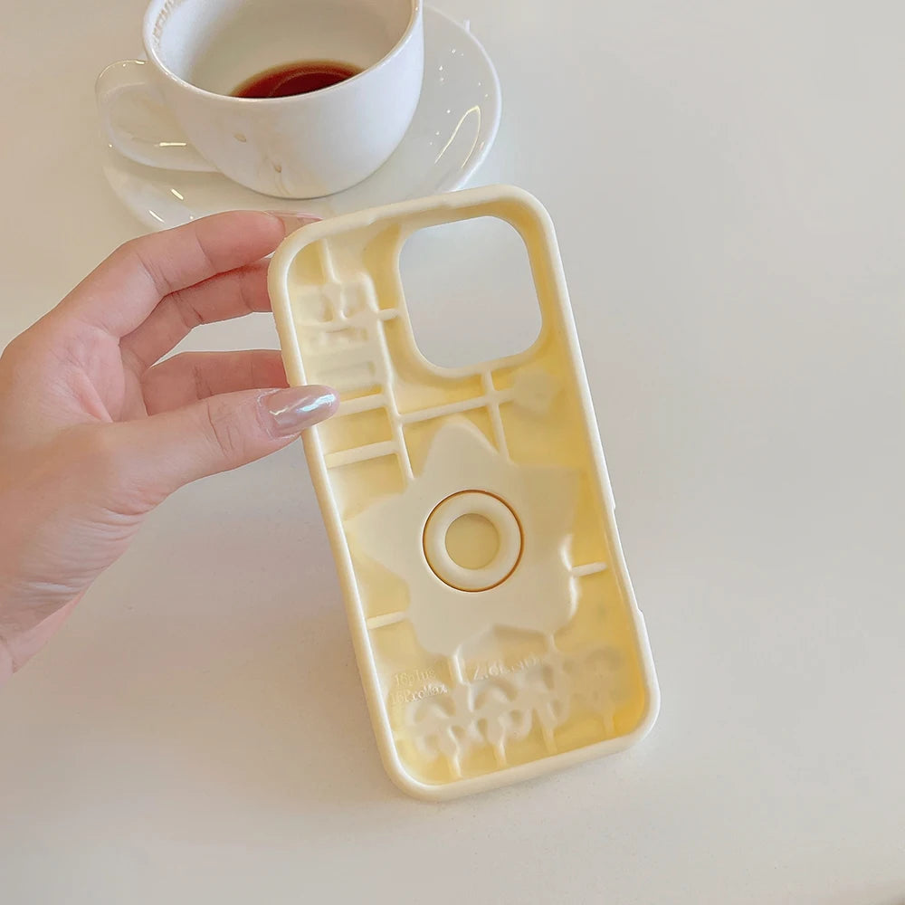 For iPhone 11 12 13 14 15 16 16e 17 Pro Max Funny 3D Star Telescopic Bracket Mirror Case Soft Silicone Stand Holder Cover - Ice Cream Cake