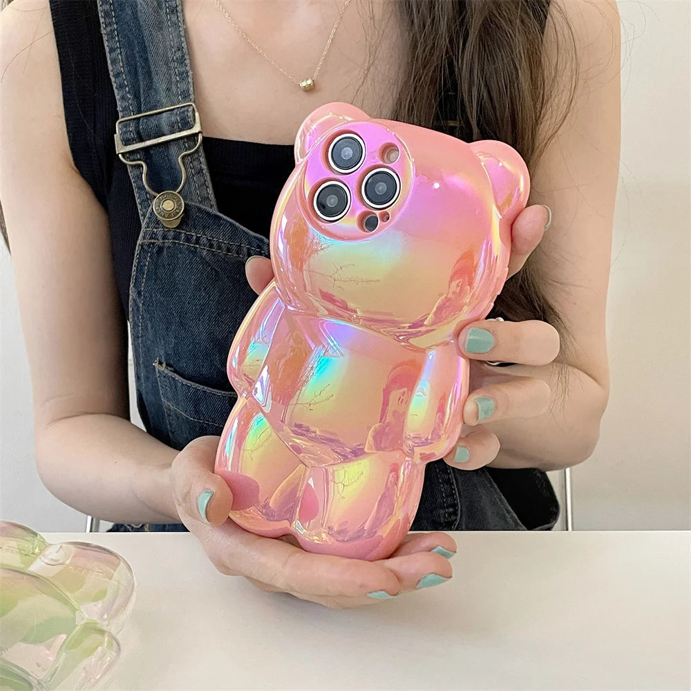 Ins Cute 3D Aurora Cartoon Bear Case For iPhone 11 13 12 14 15 16 17 Pro Max Plus Air Colorful Laser Rainbow Gradient Soft Cover - Ice Cream Cake