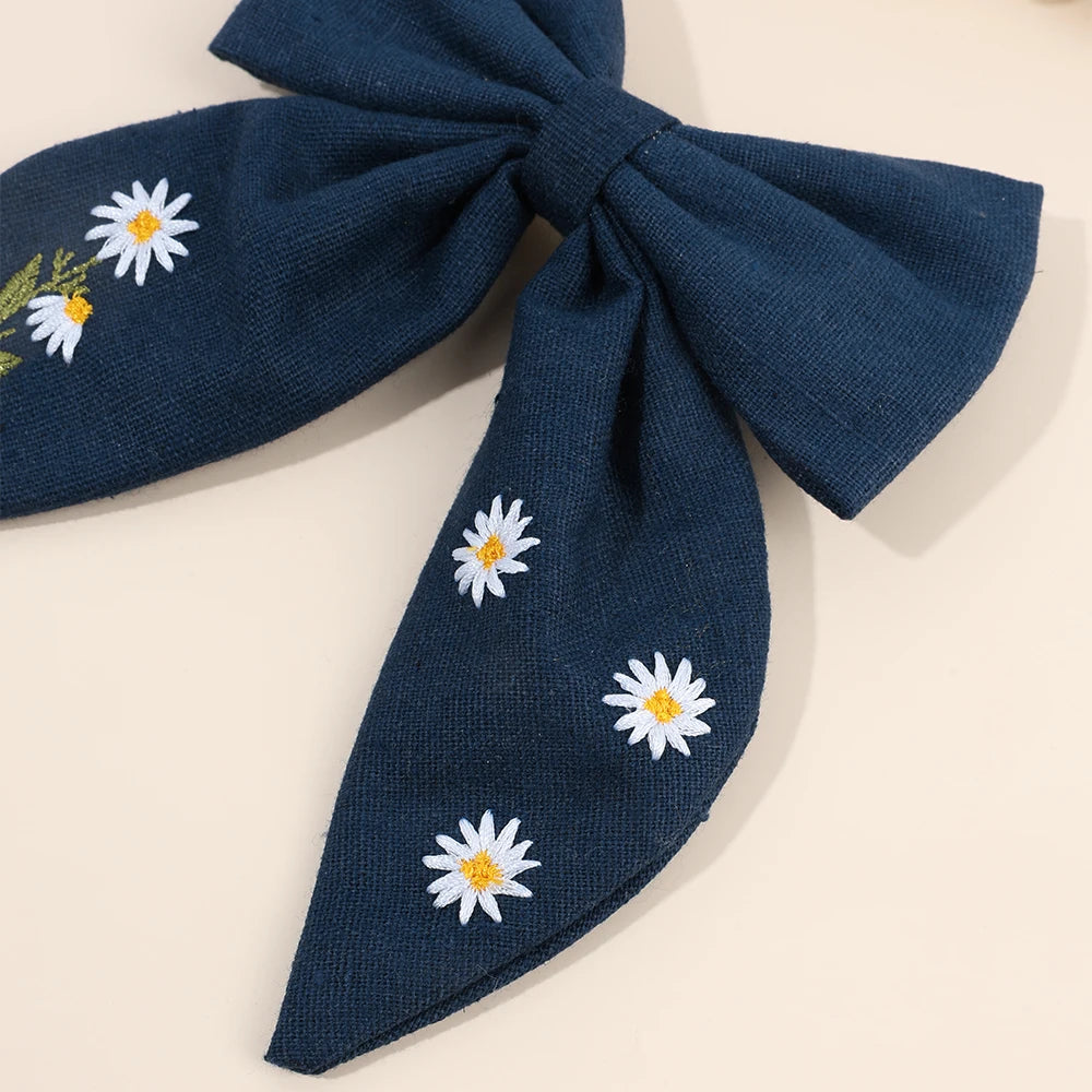 Daisy Embroidery Hair Ribbon Bow Clip