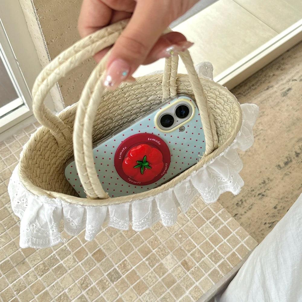 3D Polka Dot Cute Tomato Magnetic Grip Tok Phone Stand Holder Phone Case for iPhone 16 15 13 17 Pro Max For Magsafe Back Cover - Ice Cream Cake
