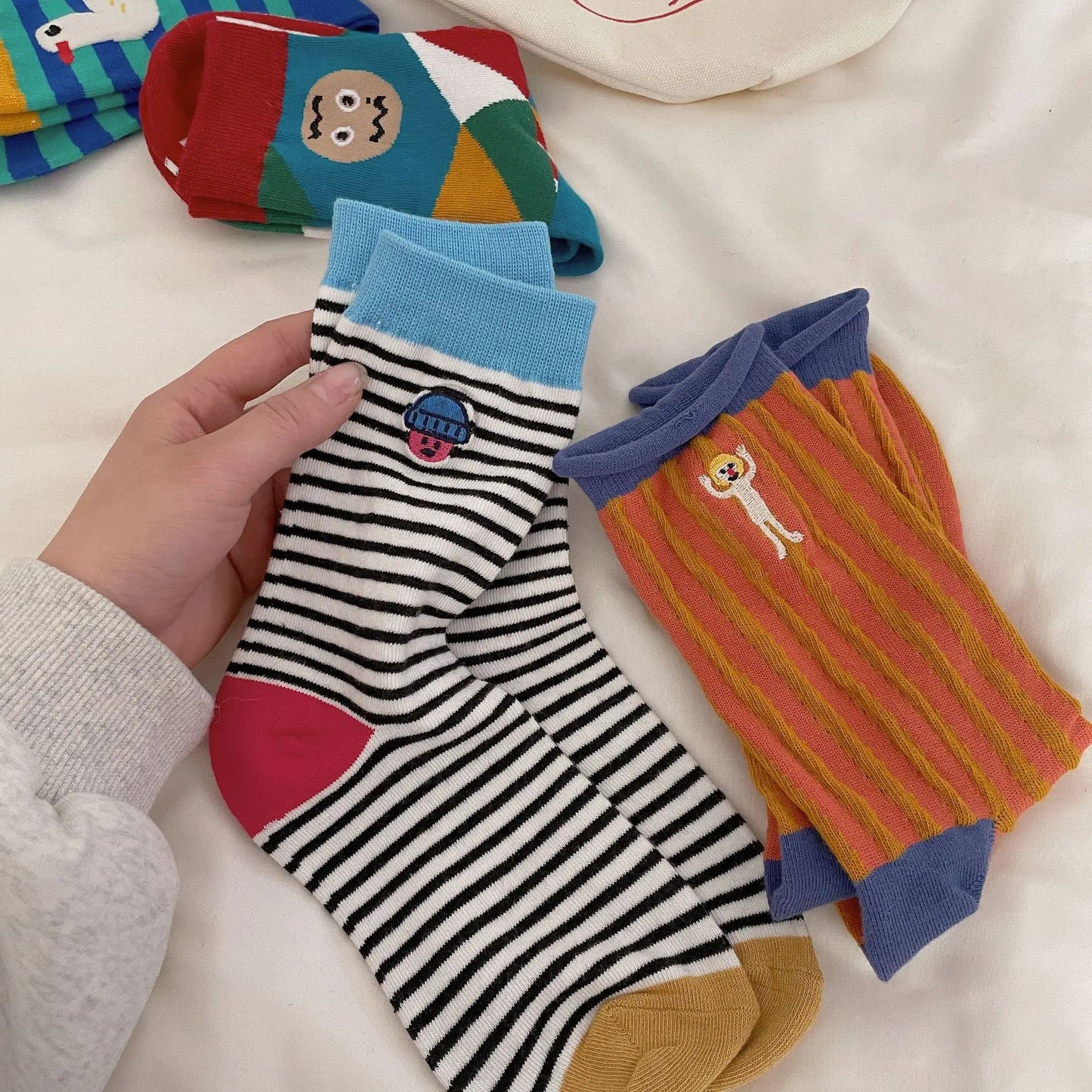Happy Stripe Character Crew Socks - Ice Cream Cake