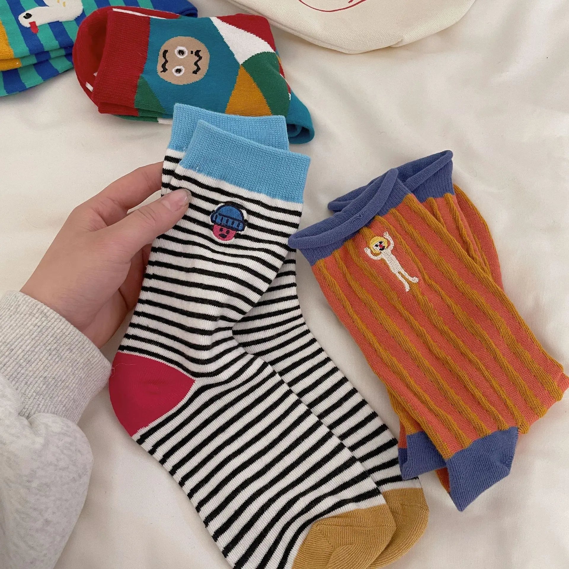 Happy Stripe Character Crew Socks - Ice Cream Cake