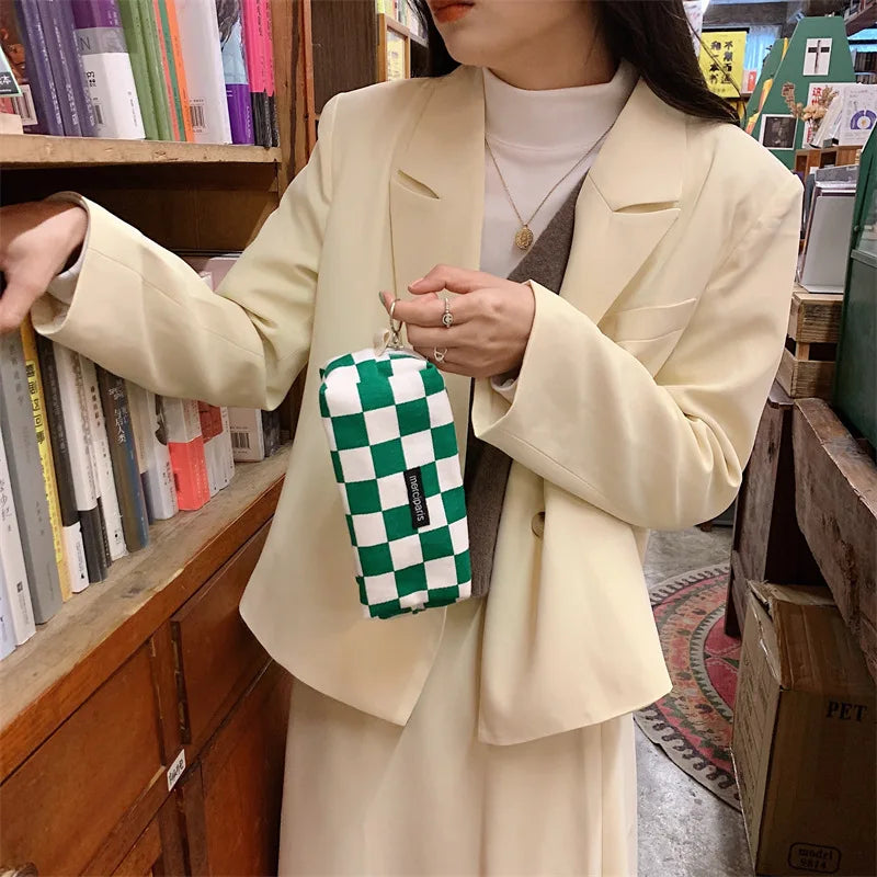 Korean Fashion Plaid Travel Makeup Kits Cosmetic Storage Bag Women Handbags Wallet Organizer Cute School Pencil Cases Pouch Bags - Ice Cream Cake