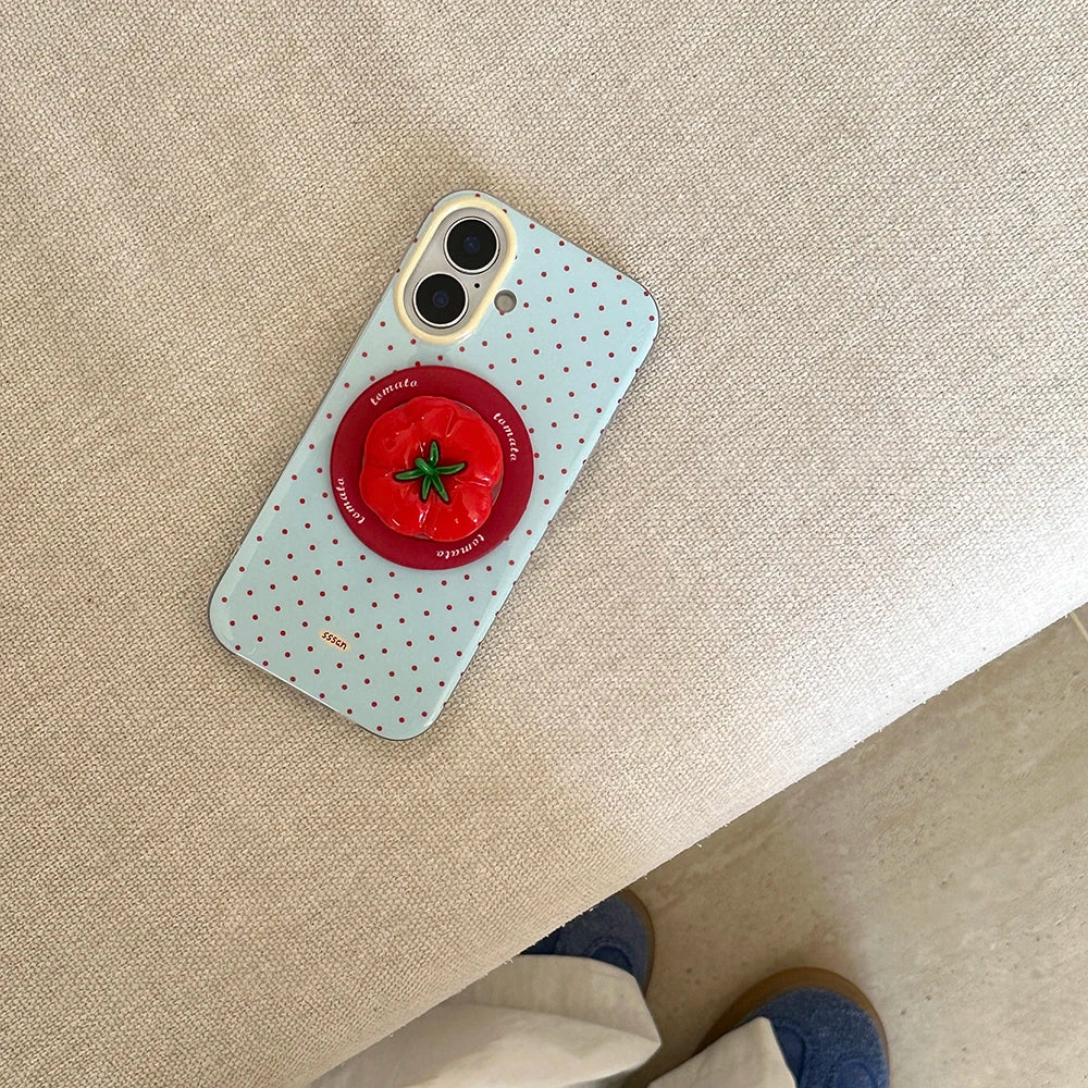 3D Polka Dot Cute Tomato Magnetic Grip Tok Phone Stand Holder Phone Case for iPhone 16 15 13 17 Pro Max For Magsafe Back Cover - Ice Cream Cake