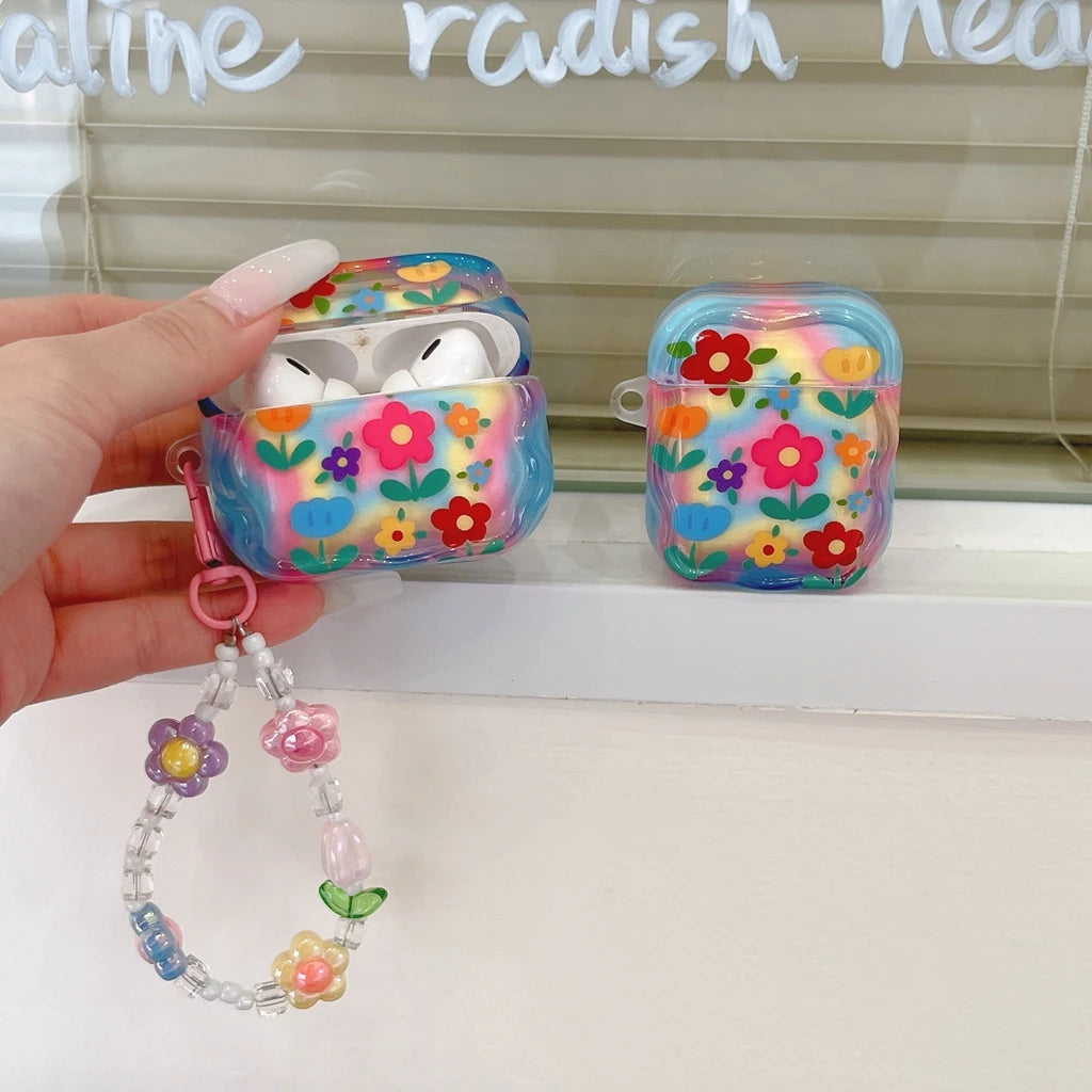 Fashion Dopamine Colorful Flower Print With Beaded Charm Pendant Protect Earphone Cover Case for AirPods 1 or 2 3 4 Pro 2 Pro 3 - Ice Cream Cake