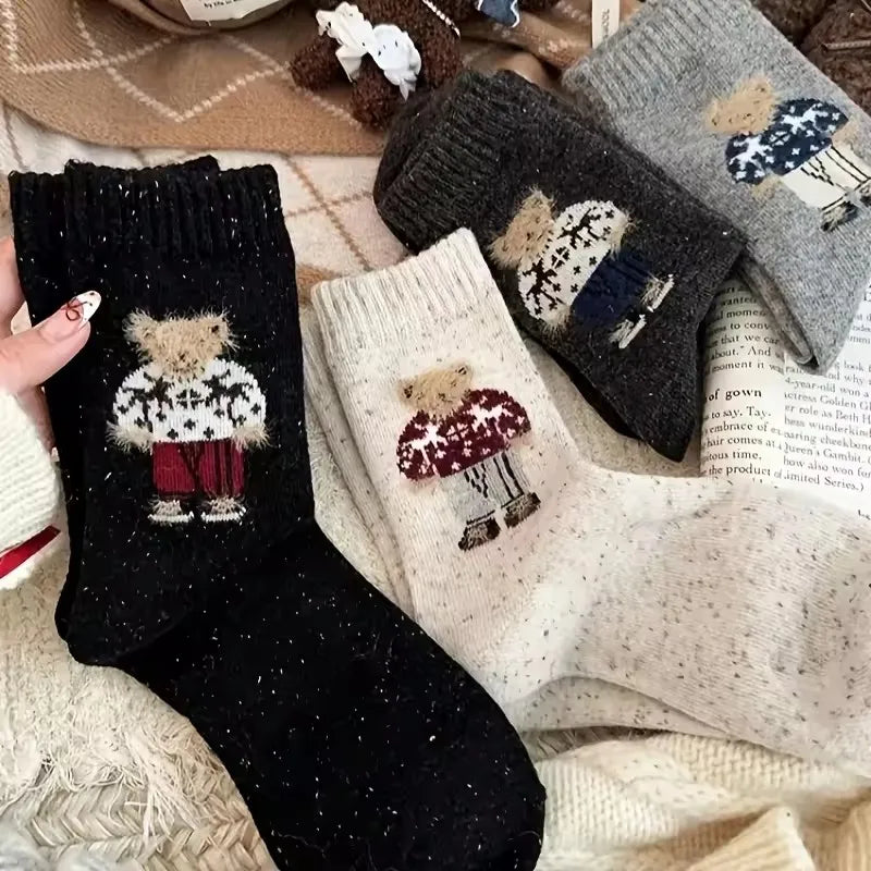 Stylish Teddy Bear Crew Socks, Set of 5