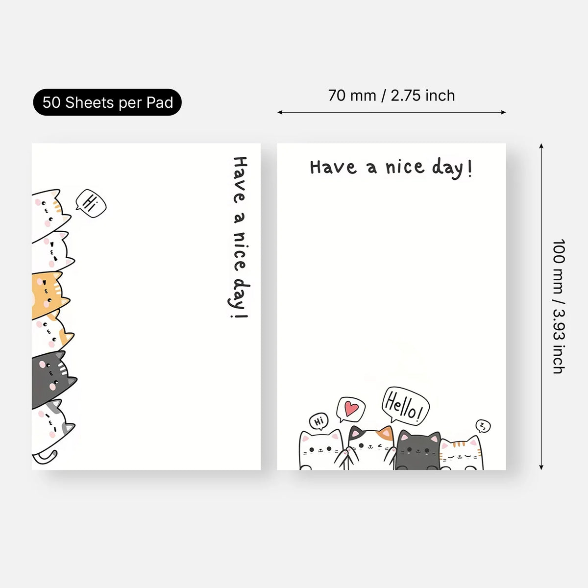 2pcs Cute Cat Sticky Notes, Kawaii Animal Self Stick Memo Pads, 100 Sheets Total, “Have a Nice Day” Positive Quote Notepad - Ice Cream Cake