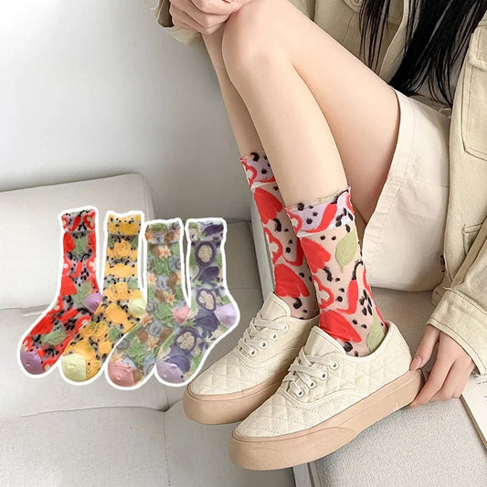 A person seated on a light sofa wearing patterned crew socks and cream low-top sneakers. Four smaller inset views on the left show additional color/pattern options for the socks.