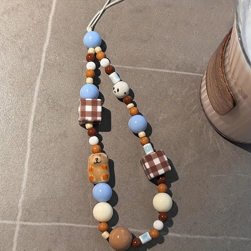 Korea Cute Brown Puppy Grid Block Blue Bead Beaded Phone Chain Charm Lanyard For iPhone 16 Samsung Universal Accessories Jewelry - Ice Cream Cake