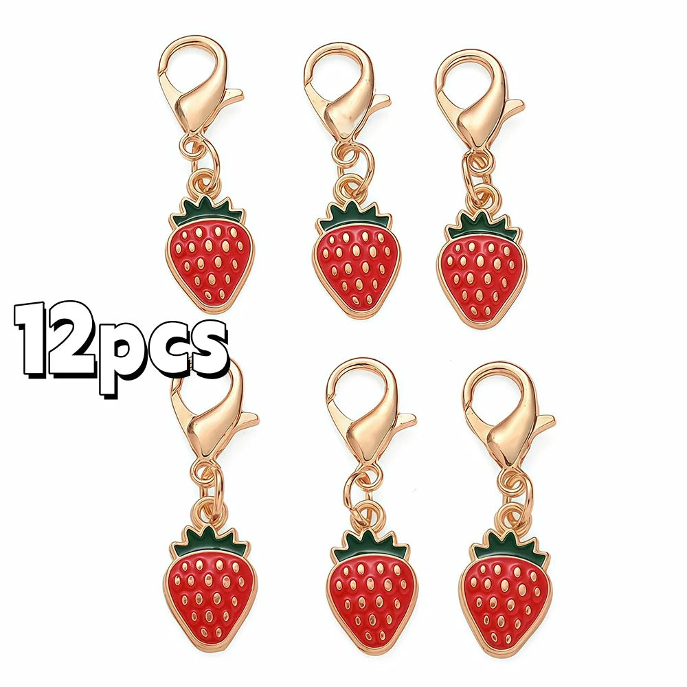 12PCS Golden Alloy Enamel Strawberry Charms - 3.3cm Random Mixed Color DIY Jewelry Accessories for Keychains, Bags & Pendants - Ice Cream Cake