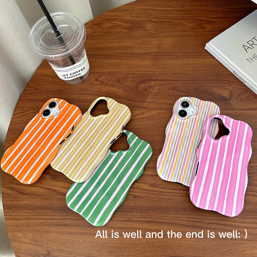 Luxury 2 in 1 Glossy Double Color Wave Stripes Case for IPhone 13 14 15 16 17 Pro Max 17Air Hit Color Collision Shockproof Cover - Ice Cream Cake