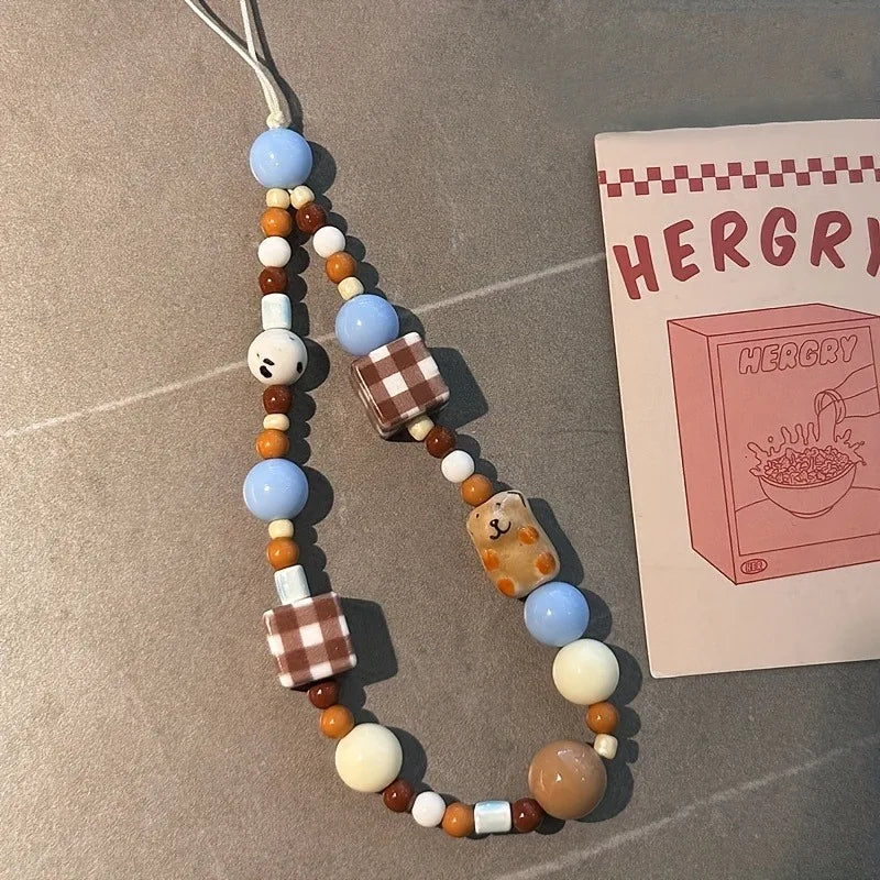 Korea Cute Brown Puppy Grid Block Blue Bead Beaded Phone Chain Charm Lanyard For iPhone 16 Samsung Universal Accessories Jewelry - Ice Cream Cake