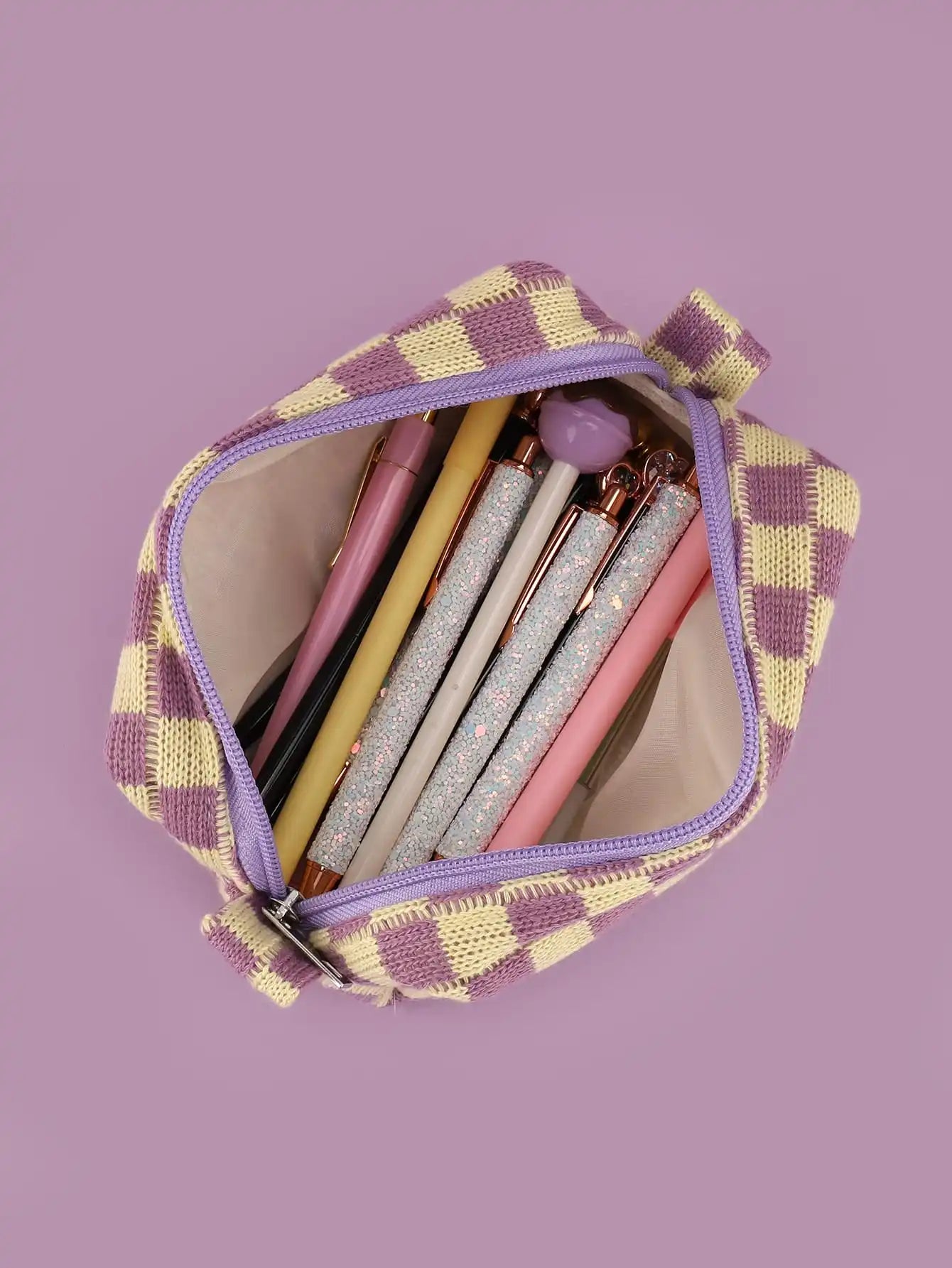 Purple Checkerboard Zipper Pouch