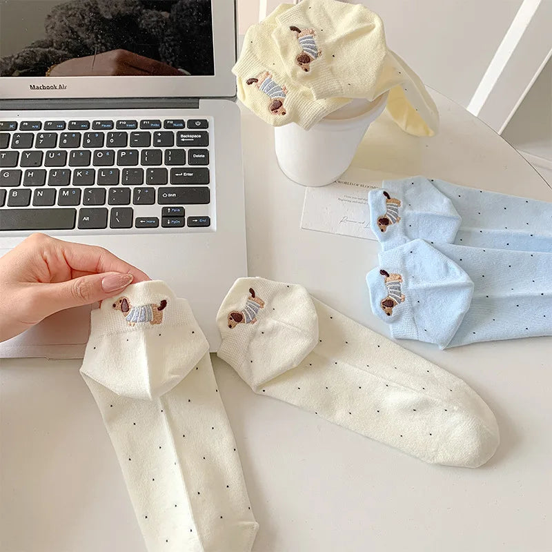 Spring Summer Thin Women Short Socks Polka Dots Cute Cartoon Sausage Dog Embroidery Boat Socks Pure Cotton Short Trendy Socks - Ice Cream Cake