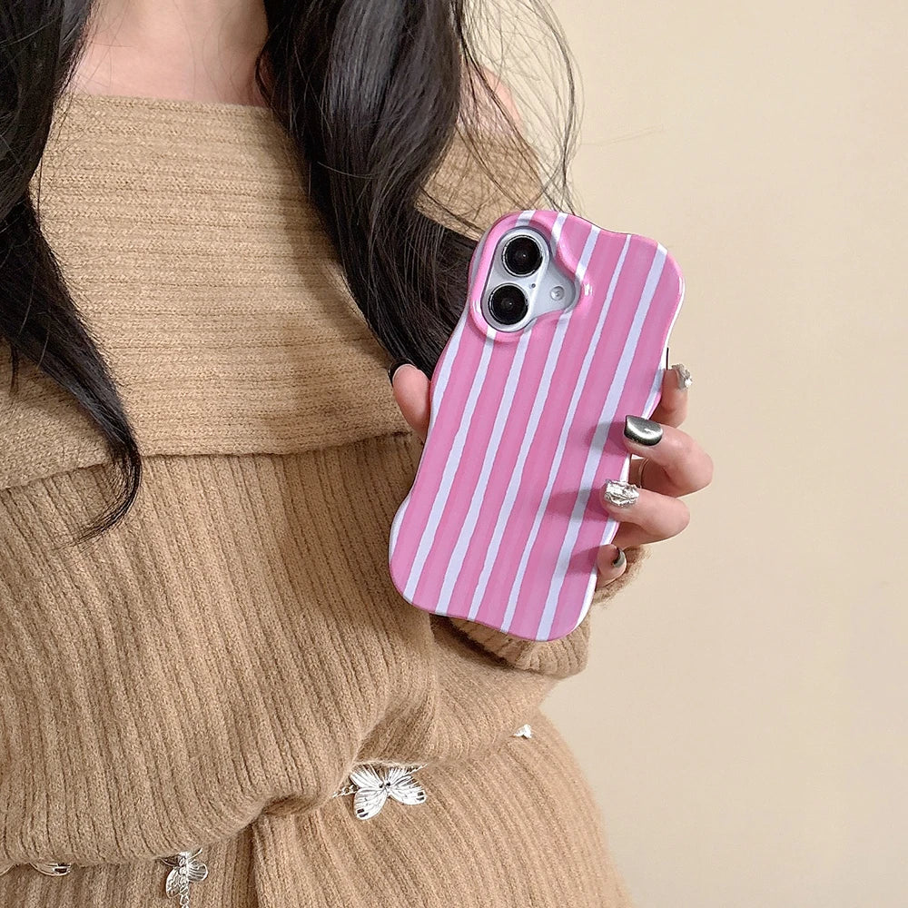 Luxury 2 in 1 Glossy Double Color Wave Stripes Case for IPhone 13 14 15 16 17 Pro Max 17Air Hit Color Collision Shockproof Cover - Ice Cream Cake