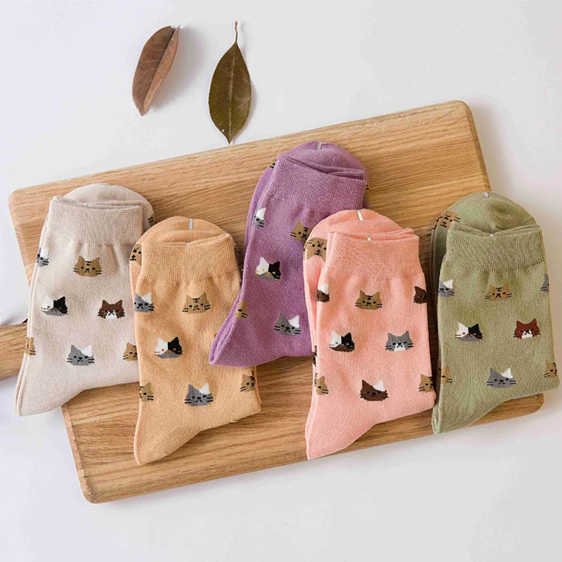 5 Pairs Cat Print Socks, Cute & Comfy All-match Mid Tube Socks, Women's Stockings & Hosiery - Ice Cream Cake