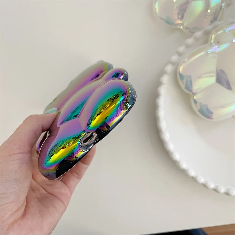 Ins Cute 3D Aurora Cartoon Bear Case For iPhone 11 13 12 14 15 16 17 Pro Max Plus Air Colorful Laser Rainbow Gradient Soft Cover - Ice Cream Cake