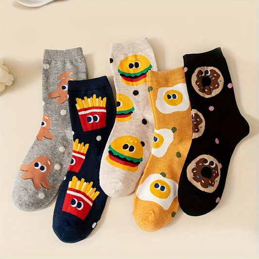 Set of colorful socks with food-themed designs on a light background